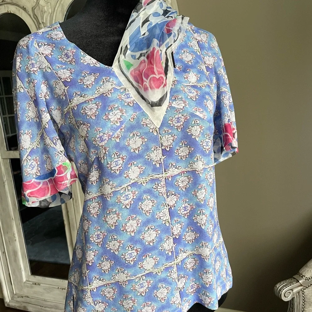 Chanel 15c silk blouse blue scarf logo shirt sz 34